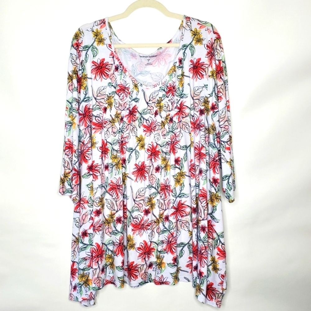 Woman Within Perfect Pintuck Tunic Size 3X Floral 3/4 Sleeve Stretch‎ Casual Top